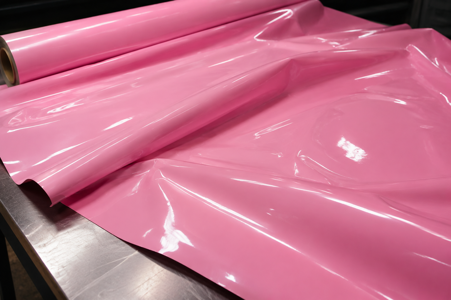 Glossy pink vinyl wrap rolls on a stainless work table